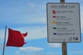 Beach warning signs and flags, Jacksonville Beach, Duval County, Florida.