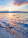 Beach, water and ocean view of blue sky and clouds at sunrise. Nature landscape of calm, stressless and peaceful sea in Royalty Free Stock Photo