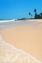 Beach with waves against rock and palm trees in sunny day