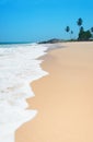 Beach with waves against rock and palm trees in sunny day Royalty Free Stock Photo