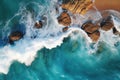 Beach and waves from top view. Summer seascape from air. Top view from drone.