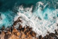 Beach and waves from top view. Summer seascape from air. Top view from drone.