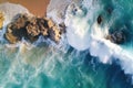 Beach and waves from top view. Summer seascape from air. Top view from drone.