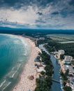 Beach and waves from top view. Turquoise water background from top view. Summer seascape from air. Top view from drone. Travel con Royalty Free Stock Photo