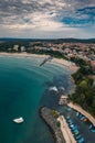 Beach and waves from top view. Turquoise water background from top view. Summer seascape from air. Top view from drone. Travel con Royalty Free Stock Photo