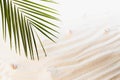 Beach with wavy white sand, seashells and palm leaf as summer tropical background, copy space. Royalty Free Stock Photo