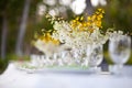 Beach wedding decor table setting and flowers Royalty Free Stock Photo