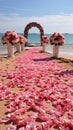 Beach wedding setting enhanced by a profusion of red and pink roses Royalty Free Stock Photo