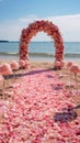 Beach wedding setting enhanced by a profusion of red and pink roses Royalty Free Stock Photo