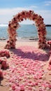 Beach wedding setting enhanced by a profusion of red and pink roses Royalty Free Stock Photo