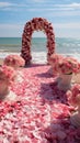 Beach wedding setting enhanced by a profusion of red and pink roses Royalty Free Stock Photo