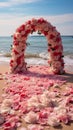 Beach wedding setting enhanced by a profusion of red and pink roses Royalty Free Stock Photo