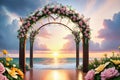 beach wedding venue, wedding setup, cabana, arch, gazebo decorated with flowers, beach wedding setup