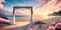 beach wedding venue, wedding setup, cabana, arch, gazebo decorated with flowers, beach wedding setup