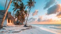 A beach with white sand, palm trees, and a hut under the clear blue sky Royalty Free Stock Photo