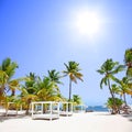 Beach with white sand, sun and quiet ocean. Tropical banner Royalty Free Stock Photo
