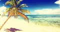 Beach with white sand, sun and quiet ocean. Tropical banner Royalty Free Stock Photo