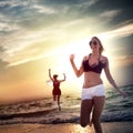 Beach Women Jumping Summer Holiday Chilling Concept