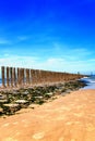 Beach with wooden weave breakers Royalty Free Stock Photo