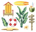 A beach, wooden, yellow house with tropical palm trees, a sandy island, a surfboard, a lifebuoy, a road sign and a