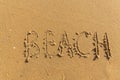 Beach- the word drawn on a yelow wet sand. Royalty Free Stock Photo