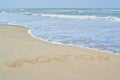 Beach and the word vacation written in the sand Royalty Free Stock Photo