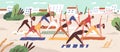 Beach yoga class flat vector illustration. People in sportswear doing yoga asanas on sandy beach. Healthy lifestyle