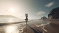 beach yoga sun salutations ocean views cinematic Hyper-re generative AI Royalty Free Stock Photo