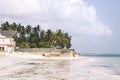 Beach at Zanzibar island in Tanzania, Africa. White sand beach with buildings and coconut palm trees Royalty Free Stock Photo