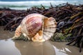 beachcomber finds beautiful shell amidst the sand and seaweed Royalty Free Stock Photo