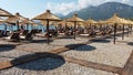 The beache with umbrellas in Bar Montenegro