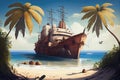 beached ship surrounded by palm trees on tropical island