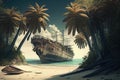 beached ship surrounded by palm trees on tropical island