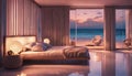 A beachfront bedroom with neon lights casting a reflection on a glassy sea, creating a surreal and magical