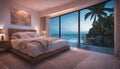 A beachfront bedroom with neon lights casting a reflection on a glassy sea, creating a surreal and magical