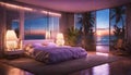 A beachfront bedroom with neon lights casting a reflection on a glassy sea, creating a surreal and magical