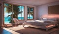 A beachfront bedroom with neon lights casting a reflection on a glassy sea, creating a surreal and magical