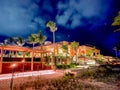 Nightime shot of The beachfront buildings of the Fairmont Mayakoba