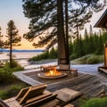 A beachfront bungalow with a hammock, a fire pit, and a wooden path to the beachA log cabin with a river rock fireplace, a cover Royalty Free Stock Photo
