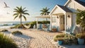 Beachfront cottage with hammock under coconut palms and seagulls Royalty Free Stock Photo