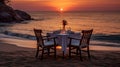 Beachfront dining Tables set for romantic sunset meals.AI Generated