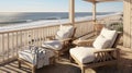 A beachfront home with chairs and a table, AI