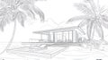 Tropical Modern Villa Outline Drawing, Beachfront Luxury House with Palm Trees Royalty Free Stock Photo