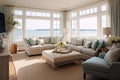 Beachfront Living Room With Nautical Decor And Ocean Views Coastal Interior Design. Generative AI Royalty Free Stock Photo