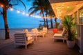 beachfront patio brightly lit with ambient lamps