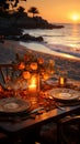 Beachfront romance Sunset dinner setting by the sea Royalty Free Stock Photo