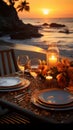 Beachfront romance Sunset dinner setting by the sea