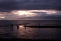 Beachgoers taking selfies, groupies at dawn. Royalty Free Stock Photo