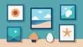 A beachinspired gallery wall with framed seashells and beach photographs.. Royalty Free Stock Photo