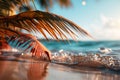 Beachside allure Blurred palm, bokeh background enhance sandy scene, embodying summer escape Royalty Free Stock Photo